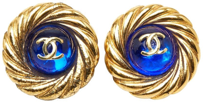 CHANEL CC Logo Gripoix Vintage Round Clip Earrings Gold Blue Glass France