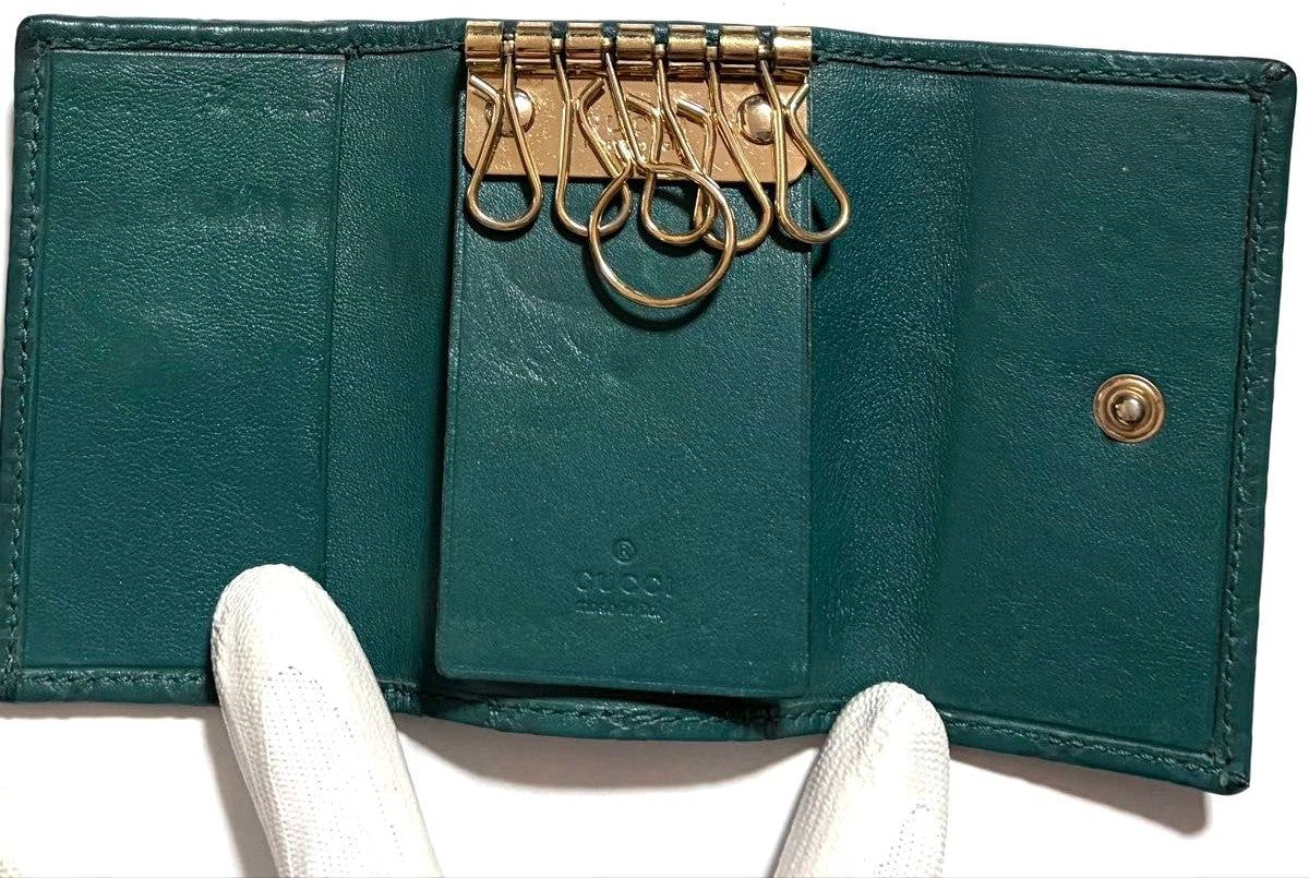 GUCCI Microguccissima GG 6-Hook Key Case Holder Green Leather Italy Authentic