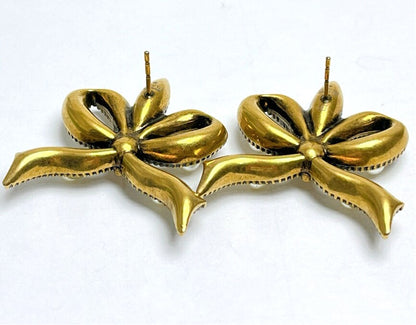 GUCCI Cat Ribbon Bow Pearl Earrings Antique Gold Tone Faux Pearl Stud Authentic