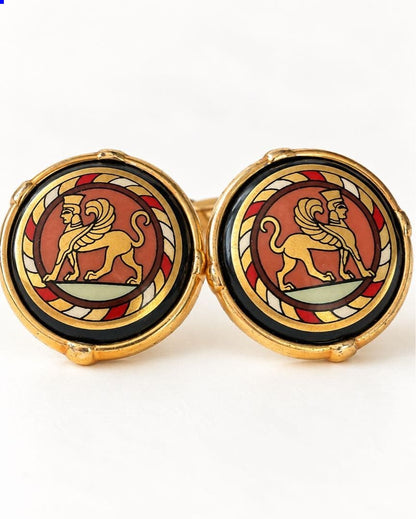 MICHAELA FREY WIEN Vintage Cufflinks Gold Tone Sphinx Round Design Austria Men