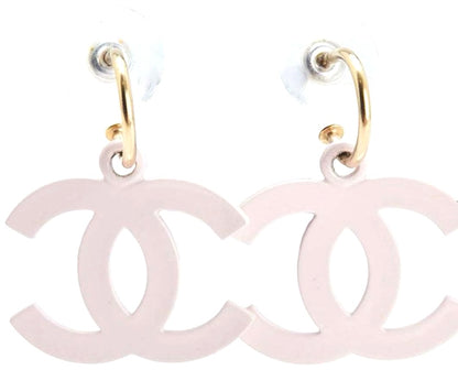 CHANEL CC Logo Swing Drop Earrings Pink Gold Tone Resin 20mm Vintage Auth Used