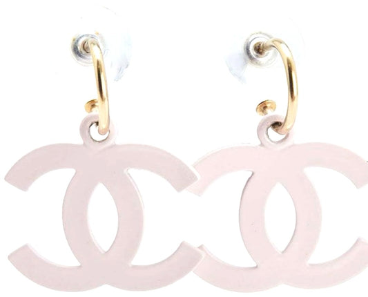 CHANEL CC Logo Swing Drop Earrings Pink Gold Tone Resin 20mm Vintage Auth Used