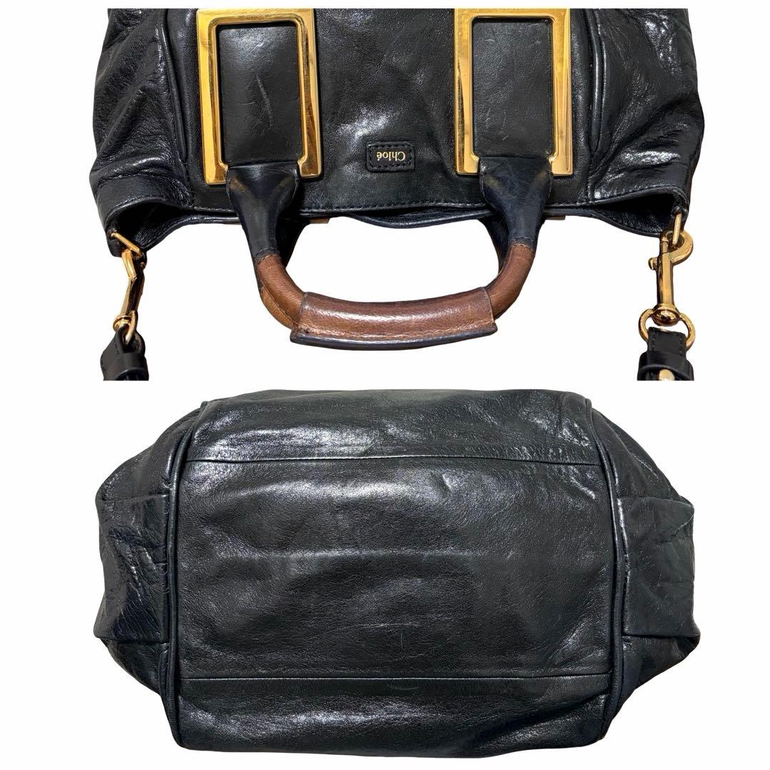 Chloe Ethel 2way Tote Bag Black Leather Gold Square Hardware Shoulder Handbag
