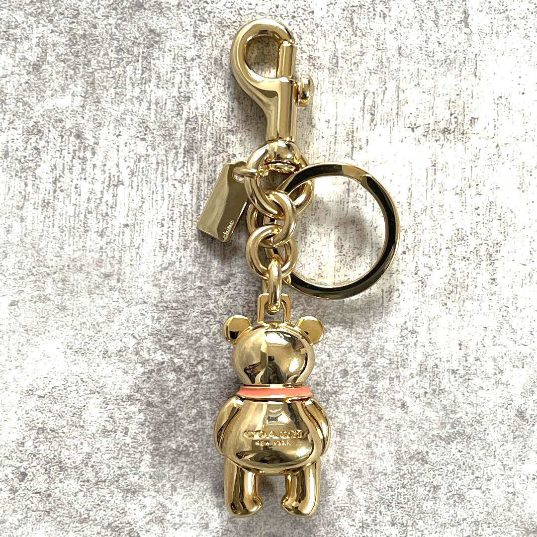 COACH 3D Teddy Bear Bag Charm Key Ring Gold Metal Pink Enamel 2.4in Authentic