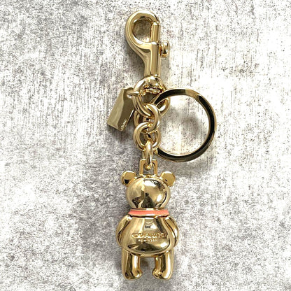 COACH 3D Teddy Bear Bag Charm Key Ring Gold Metal Pink Enamel 2.4in Authentic