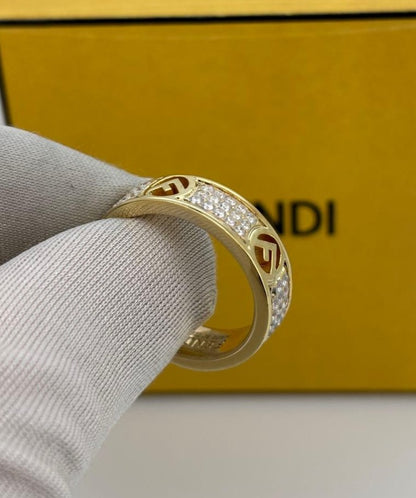 Excellent Fendi Rhinestone F Logo Gold Tone Metal Ring Size M EU 52 US 6