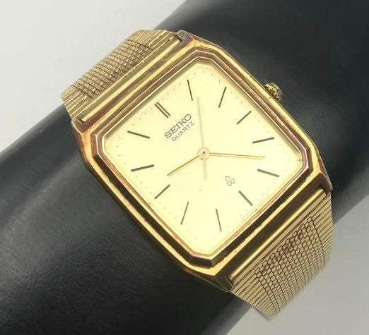 SEIKO Quartz Mens Square Gold Tone Dress Watch Vintage Analog Japan Used