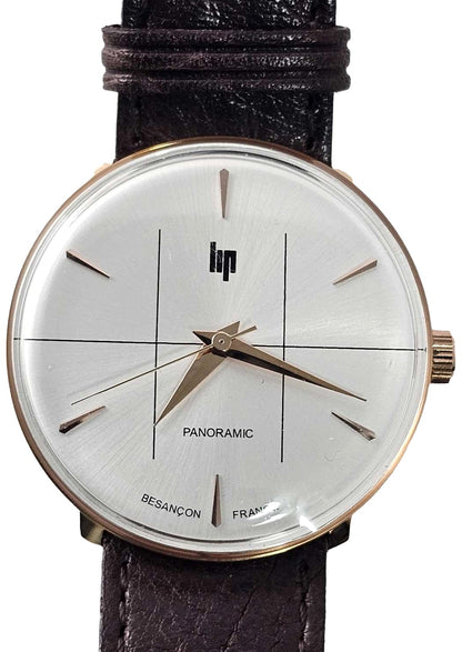 LIP Panoramic 34 Quartz Watch Silver White Dial Rose Gold Case Brown Leather