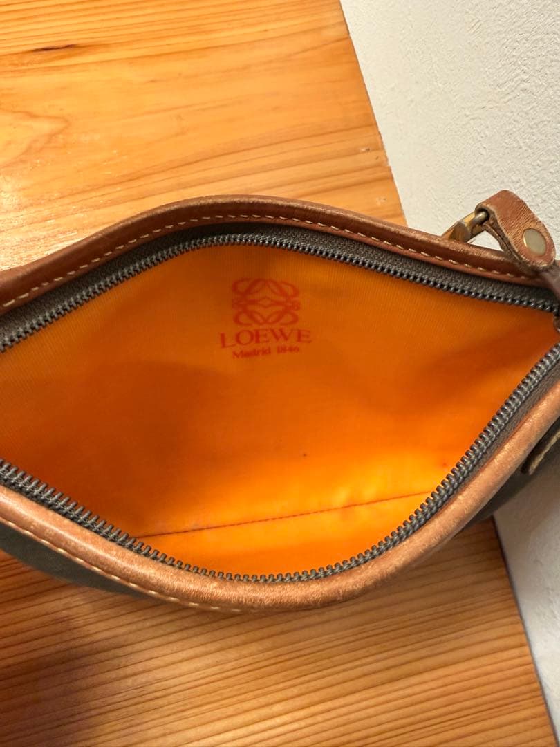 Loewe Dark Olive Suede Brown Leather Anagram Embossed Pouch Clutch