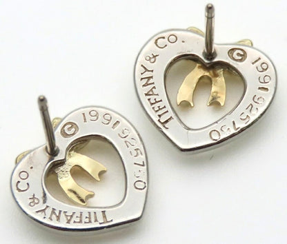 Tiffany & Co Heart Ribbon Earrings Silver 925 18K Gold Combo Studs 11mm Auth