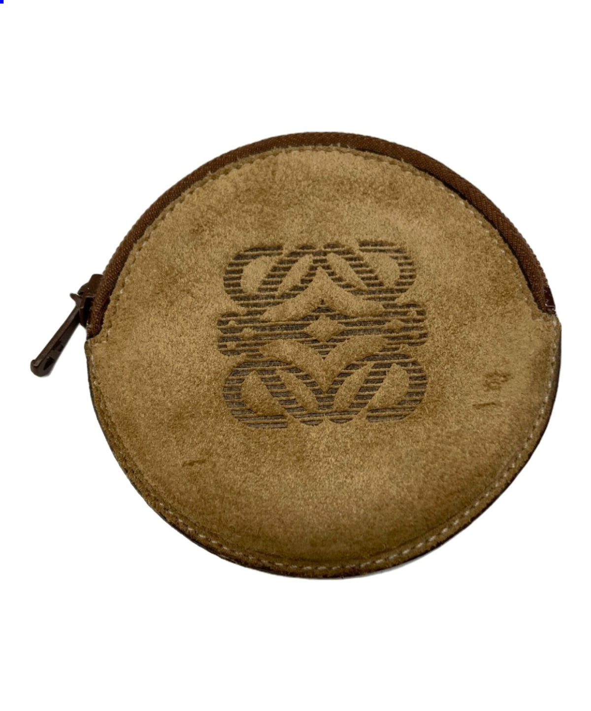 LOEWE Anagram Logo Round Coin Case Purse Brown Suede Leather Zip Vintage