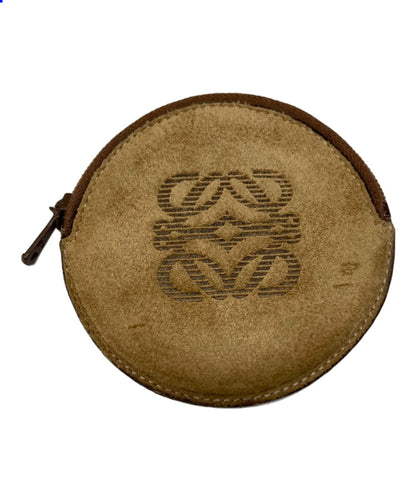 LOEWE Anagram Logo Round Coin Case Purse Brown Suede Leather Zip Vintage