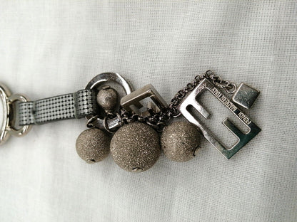 FENDI Logo Bag Charm Key Ring Keychain Silver Tone Metal Ball Chain Made Italy