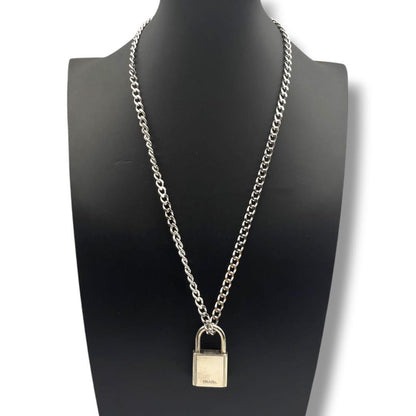 Prada Silver Plated Padlock Cadena Necklace Top Charm 2 Keys Curb Chain 50cm
