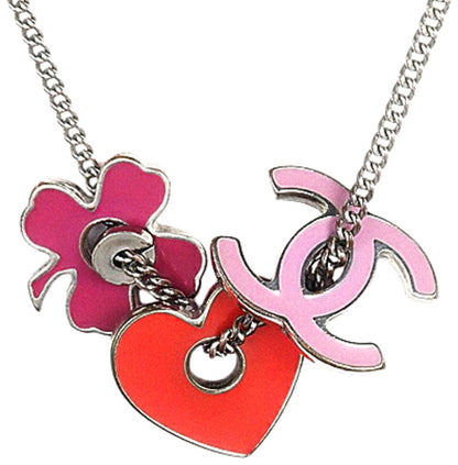 CHANEL CC Heart Clover Charm Necklace Pink Red Metal 04P Italy 44cm(17.3in)