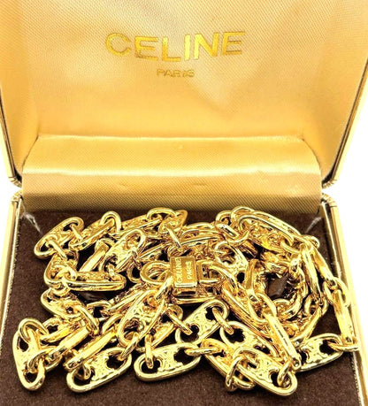 CELINE Triomphe Long Chain Necklace Gold Tone GP Vintage Authentic 83cm 32.7in
