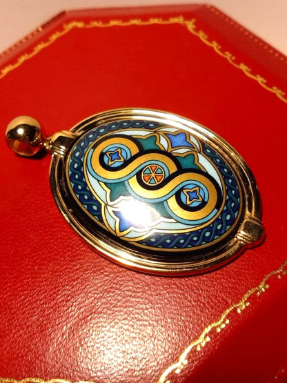 MICHAELA FREY WIEN Vintage Enamel Pendant Top Gold Tone Oval 4.2cm Austria