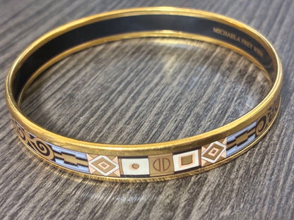 Michaela Frey Wien Enamel Bangle Bracelet Gold Black White Austria 2.6in