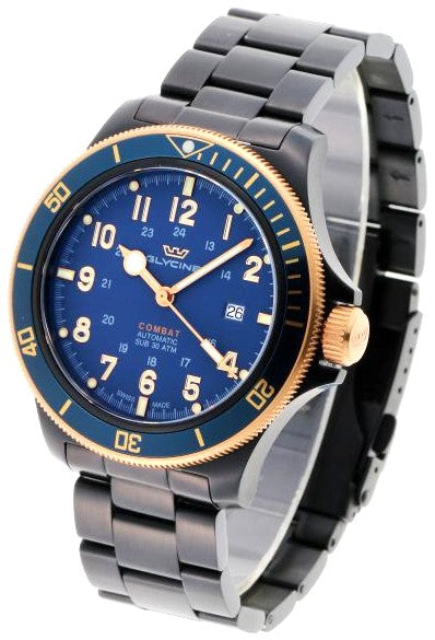 Glycine Combat Sub Automatic GL0279 Men's Watch Blue Dial PVD SS Swiss Made