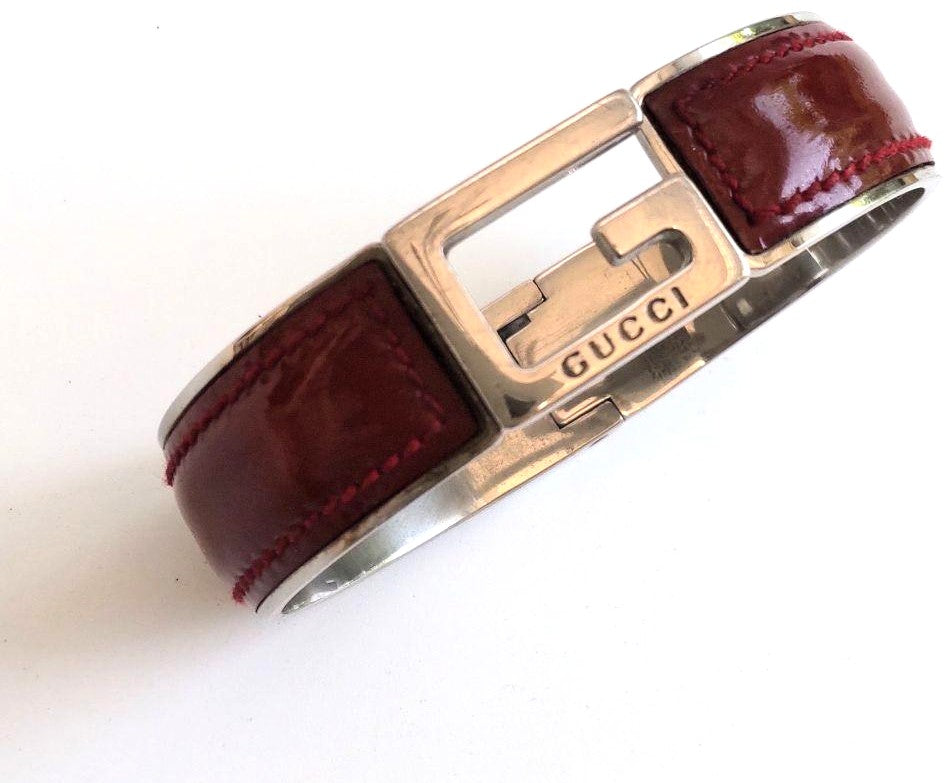 Gucci G Logo Bangle Bracelet Bordeaux Patent Leather Silver Tone Hardware 2.6in
