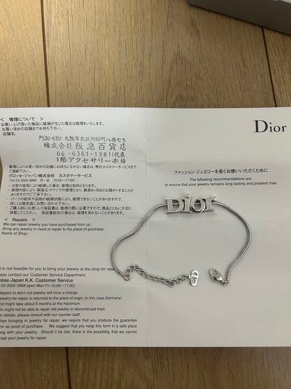 Excellent Christian Dior Silver Tone Logo Snake Chain Bracelet 23cm Adjustable