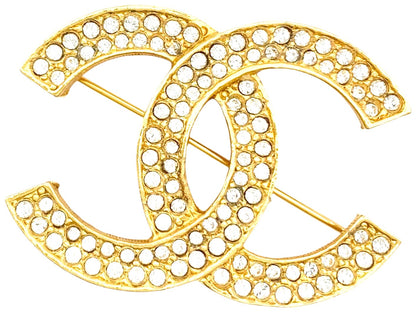 CHANEL CC Logo Brooch Pin Gold Tone Double Row Rhinestone Crystal Vintage Auth