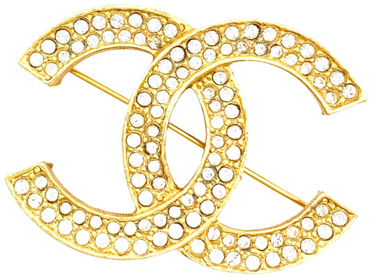 CHANEL CC Logo Brooch Pin Gold Tone Double Row Rhinestone Crystal Vintage Auth