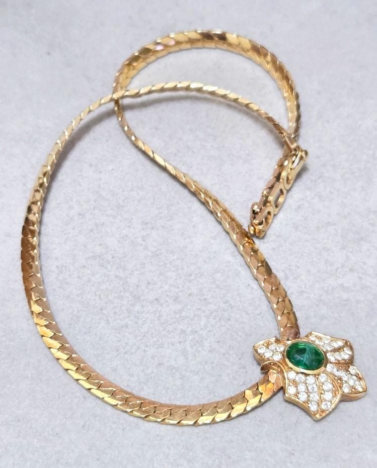 Dior Authentic Rhinestone Green Stone Necklace 41cm 16.1" Chain Gold Tone Great!