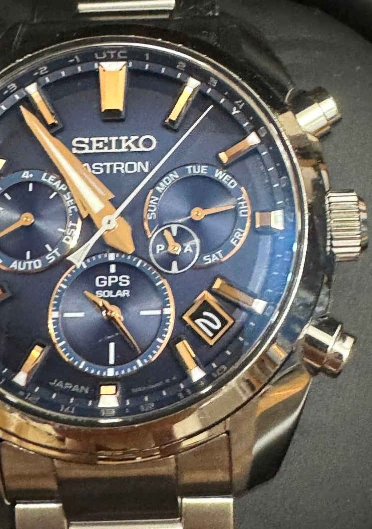 Seiko Astron SBXC049 5X53 GPS Solar Watch Blue Dial Gold Indices Made Japan Used