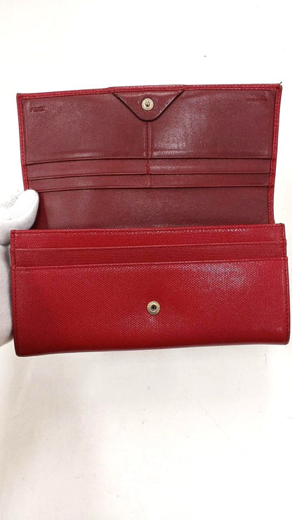 FENDI Long Wallet Bifold Red Leather Logo Gold Hardware 19cm 7.5in Womens