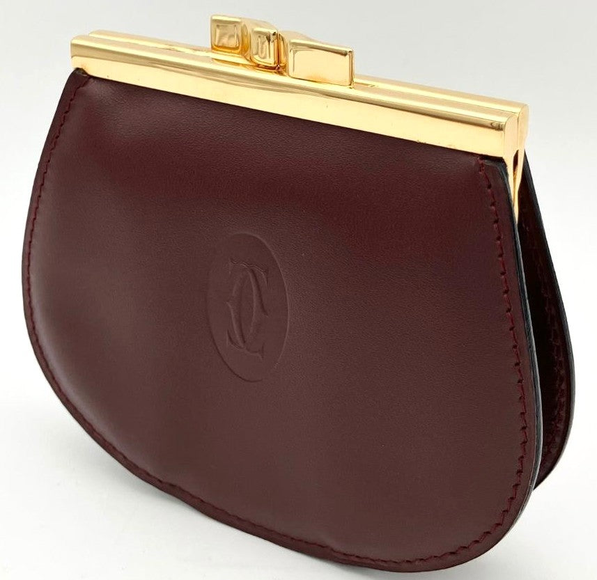 Cartier Must Line Coin Purse Gamaguchi Bordeaux Leather Gold HW 3.9x3.5in.