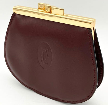 Cartier Must Line Coin Purse Gamaguchi Bordeaux Leather Gold HW 3.9x3.5in.
