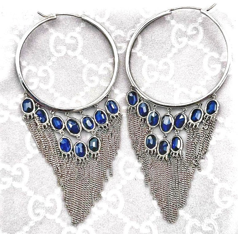 GUCCI 925 Silver Chandelier Hoop Earrings Navy Blue Stone Fringe Chain 9.5cm