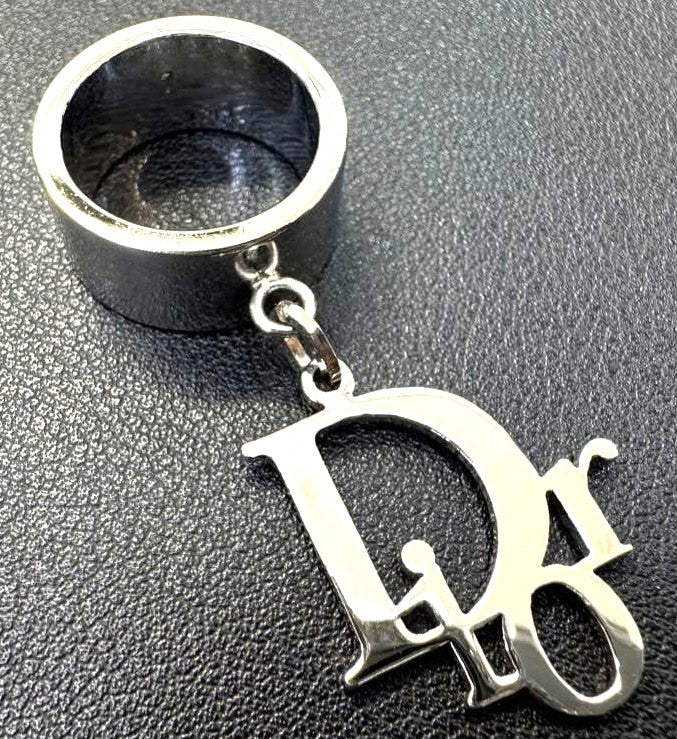 Christian Dior Logo Charm Ring Silver-Tone Metal Wide Band US4 EU47 Vintage AUTH