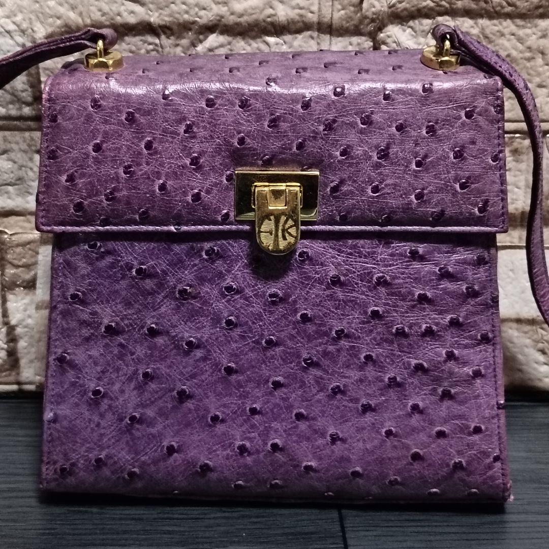 Vintage ENRIQUE LOEWE KNAPPE Purple Ostrich Leather Shoulder Bag Gold Hardware