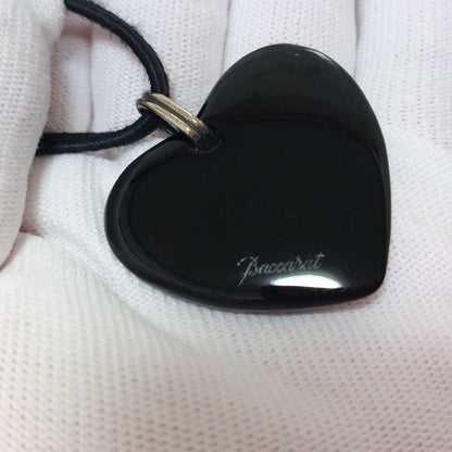 Baccarat Crystal Heart Pendant Necklace Black Leather Cord Silver Tone Hardware