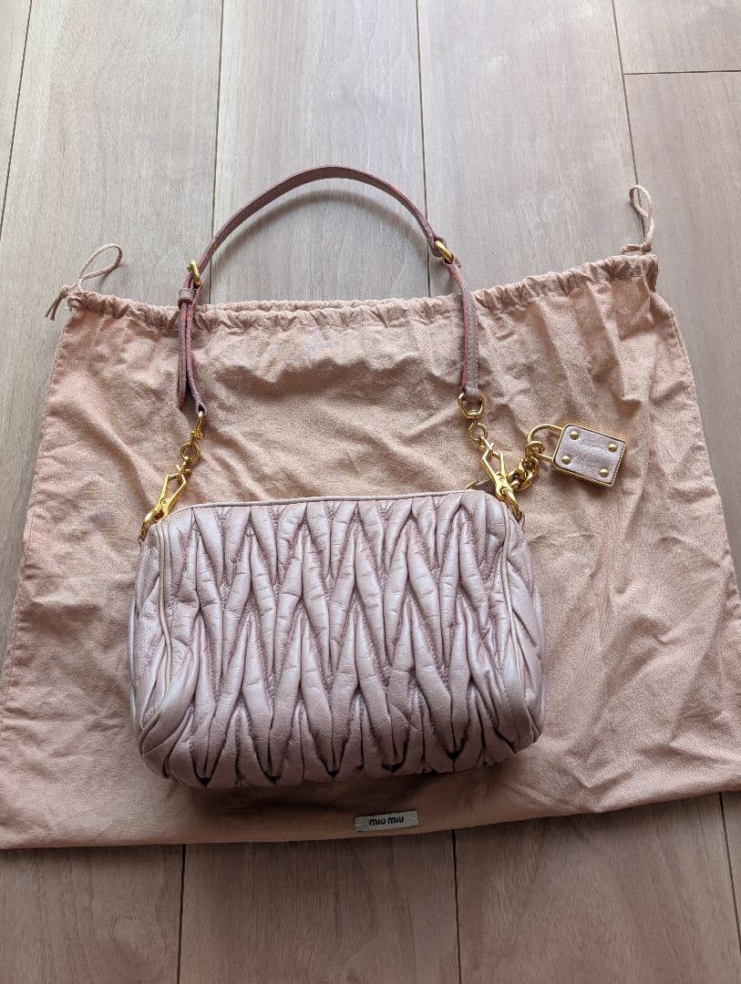 Miu Miu Matelasse Shoulder Bag Pink Beige Leather Gold Chain Padlock Authentic