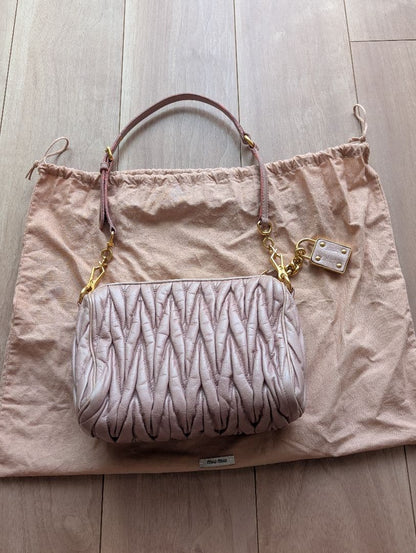 Miu Miu Matelasse Shoulder Bag Pink Beige Leather Gold Chain Padlock Authentic