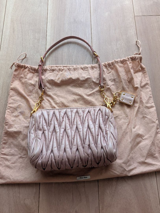Miu Miu Matelasse Shoulder Bag Pink Beige Leather Gold Chain Padlock Authentic