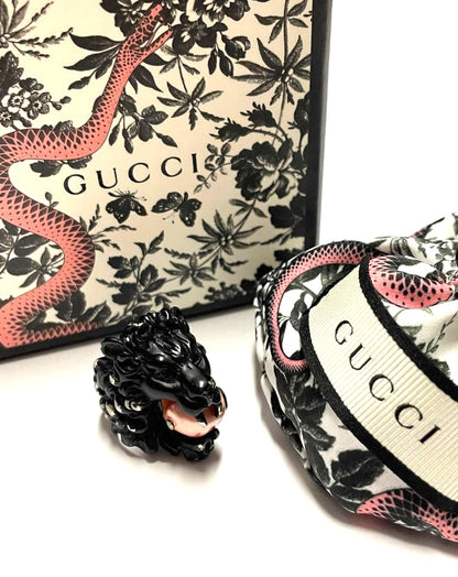GUCCI Lion Head Ring Black Enamel Pink Stone Silver HW US6-6.5 EUR51-52 AUTH