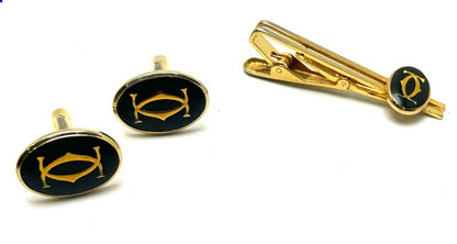 CARTIER 2C Logo Cufflinks Tie Pin Set Gold Tone Black Enamel Mens Accessories