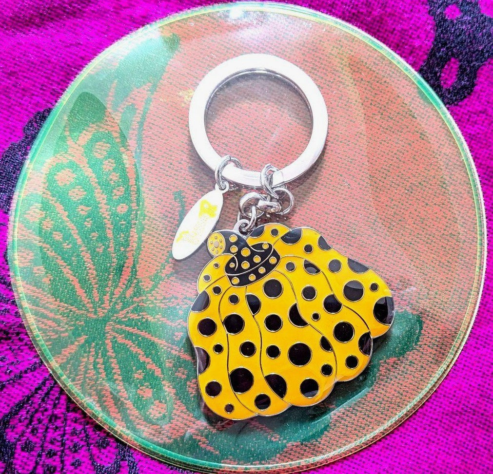 Yayoi Kusama Pumpkin Keychain Keyring Yellow Black Polka Dot Enamel New Unused