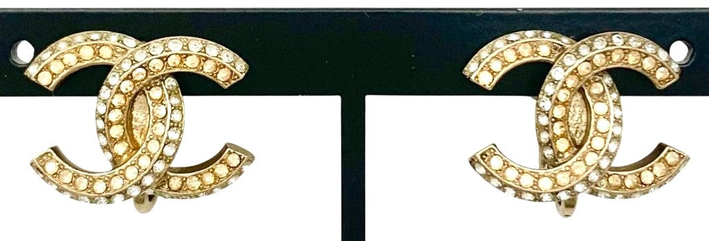 CHANEL CC Logo Earrings 11P Crystal Rhinestone Double Row Gold Tone Authentic