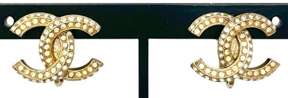 CHANEL CC Logo Earrings 11P Crystal Rhinestone Double Row Gold Tone Authentic