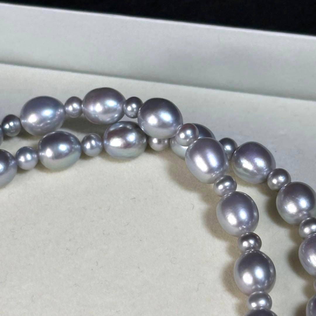 Akoya Pearl Long Necklace Blue Gray 8mm Flower Clasp Silver 25.6in Japan