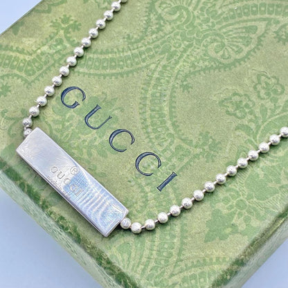 Gucci Silver 925 Logo Plate Ball Chain Choker Necklace Bracelet 33cm 13in