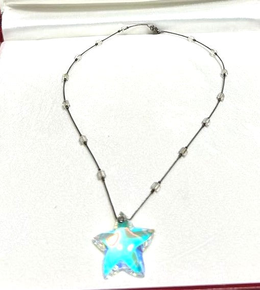 Baccarat Star Crystal Necklace Pendant AB Clear Silver Tone Chain Box France