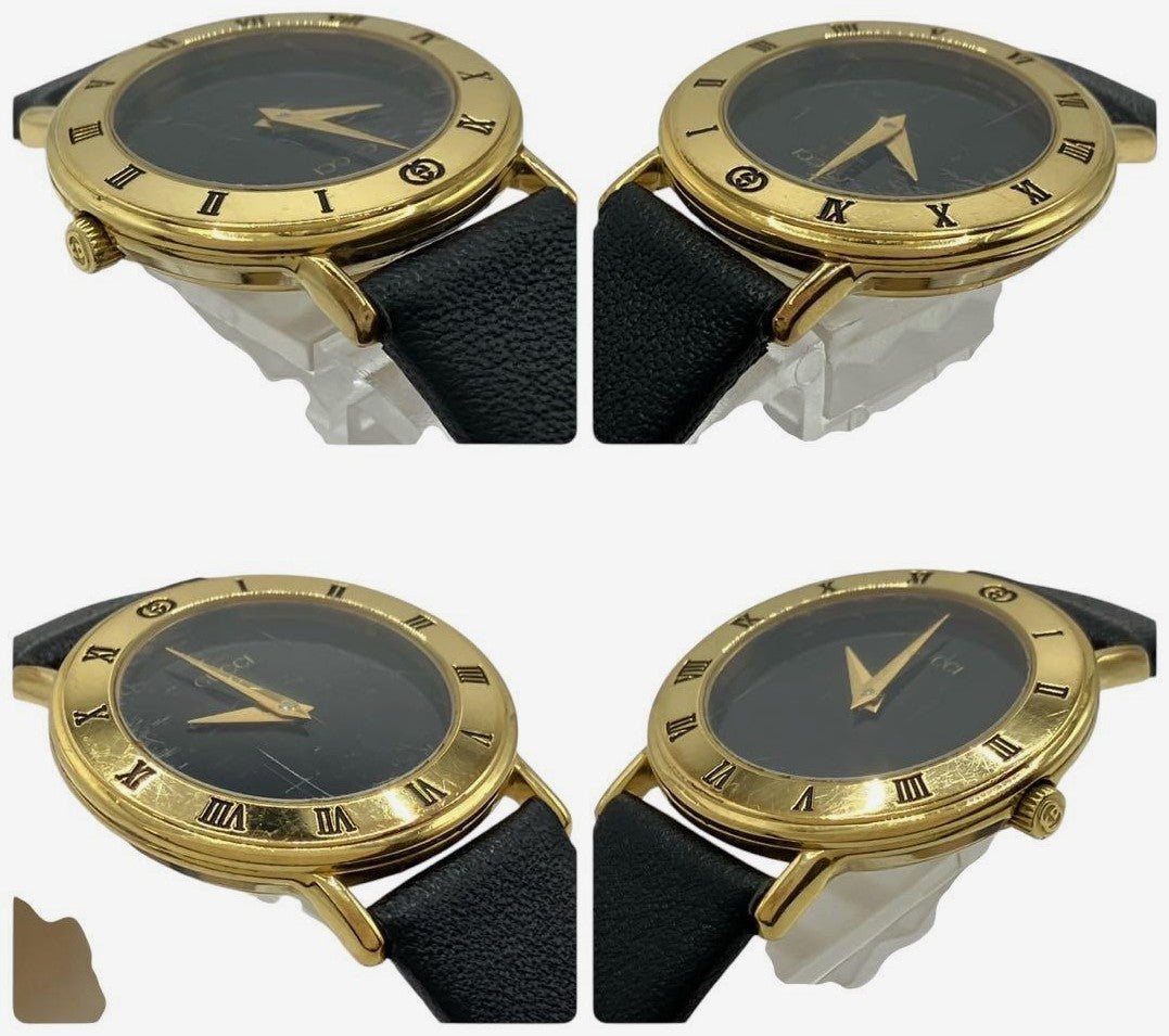 Gucci 3000.2.L Round Watch Black Dial Gold Tone Leather Band Quartz Swiss Made
