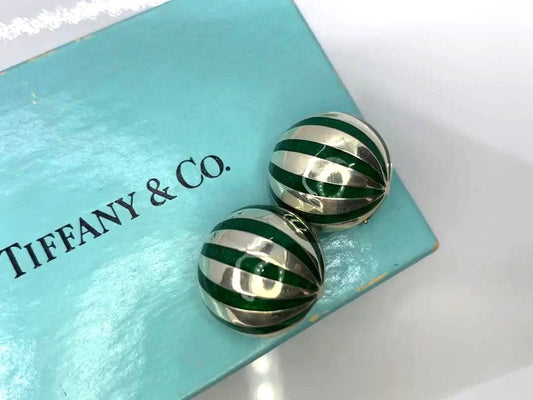 Rare Tiffany & Co Silver 925 Green Enamel Dome Clip On Round Earrings Vintage