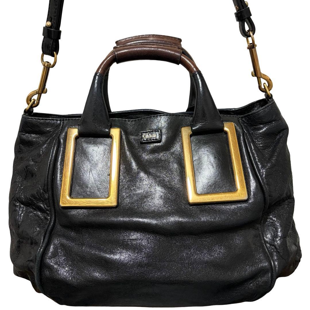 Chloe Ethel 2way Tote Bag Black Leather Gold Square Hardware Shoulder Handbag